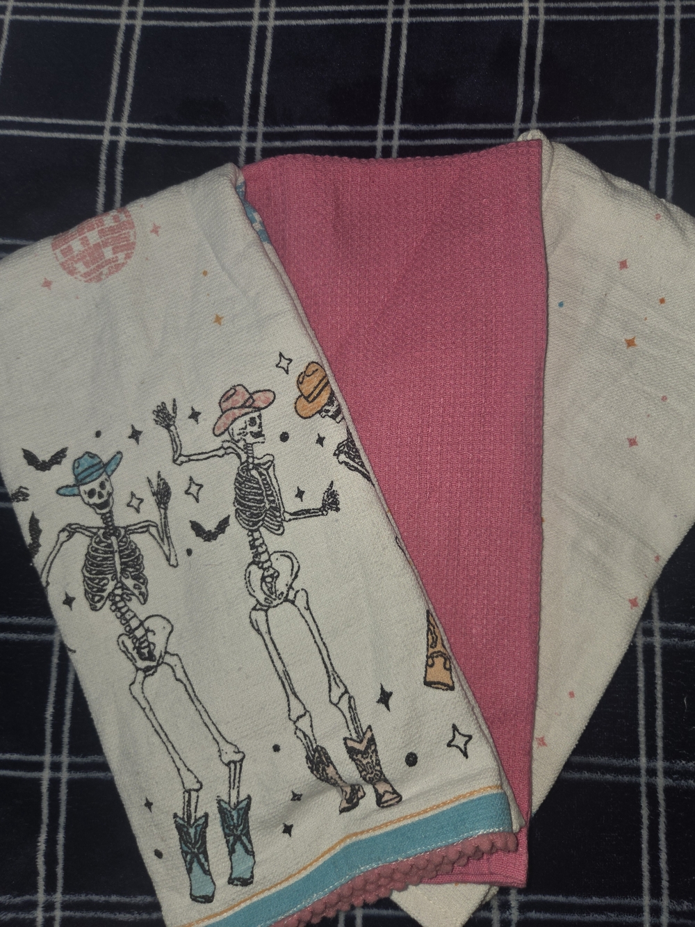 Rachel Zoe Halloween Kitchen Towels Set of 3 Pink Cowboy Skeleton Western